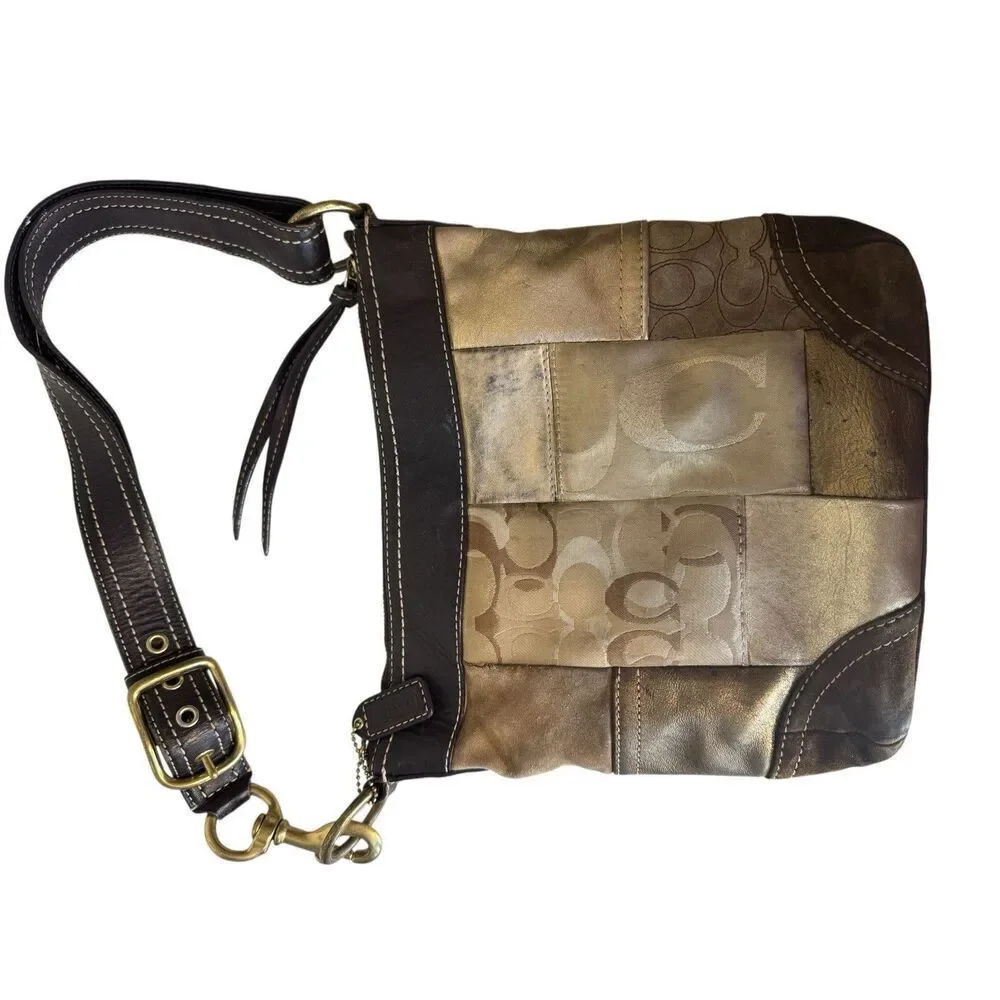 Coach Vintage Brown Gold  Leather Patchwork Shoulder Crossbody bag Y2K Retro